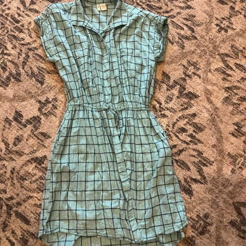 Light Blue Windowpane Shirt Dress with Tie Waist